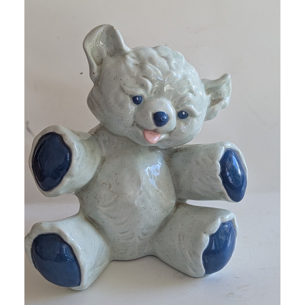 Vintage Speckled Blue Ceramic Teddy Bear Coin Bank Nursery Decor Figurine 8in